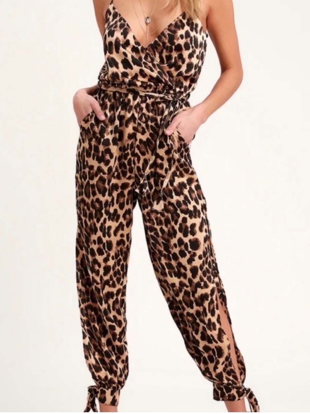 Lulus leopard print jumpsuit with spaghetti straps and pockets